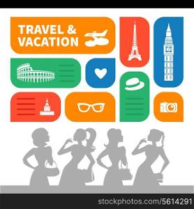 Travel and vacation shopping background. Beautiful girl silhouettes and flat design with travel icons
