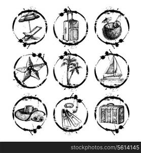 Travel and vacation stamp collection - for your design, scrapbook - in vector. Black and white travel set with hand drawn illustrations
