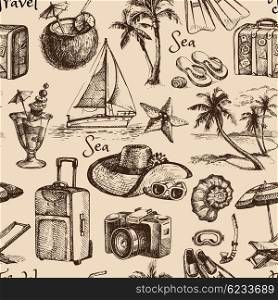 Travel and vacation vintage seamless pattern. Hand drawn illustration