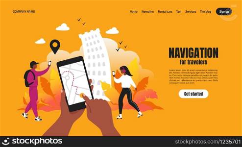 Travel app landing page. Smartphone application concept with map and route, web page with navigation UI. Vector template illustrations navigating for urban traveler. Travel app landing page. Smartphone application concept with map and route, web page with navigation UI. Vector template