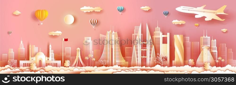 Travel architecture Bahrain with panorama view building, skyline, skyscraper. Modern business brochure design.Tour asia landmarks of arab with architecture and cityscape background.Vector illustration