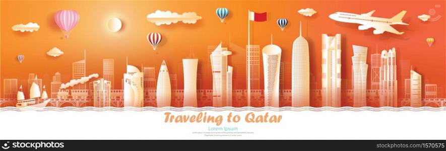 Travel architecture Qatar in futuristic building, skyline, skyscraper. Modern business brochure design.Tour to arab landmarks of asian with architecture and cityscape background.Vector illustration