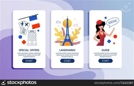Travel around France with Landmark Description and Personal Guide Webpage Set. Special Offer for Booking Tickets and Tour. Application Screens Template Kit. Vector Flat Cartoon Illustration. Special Offer for Travel around France Webpage Set