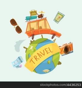 Travel Around The World Concept . Travel around the world concept with car tickets and camera cartoon vector illustration