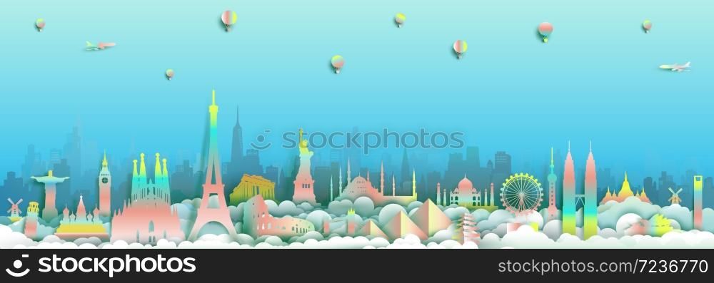Travel around the world famous countries landmarks with city background go to France,England,Spain,Italy,Egypt,America,Europe and Asia with paper cut and gradient style for travel poster and postcard.