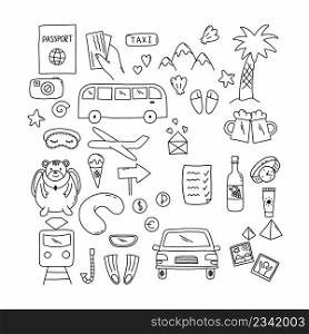 Travel around world. Set of tourism symbols. Vacation at sea. Traveling by plane. Vector doodle illustration. Hand drawn sketch.