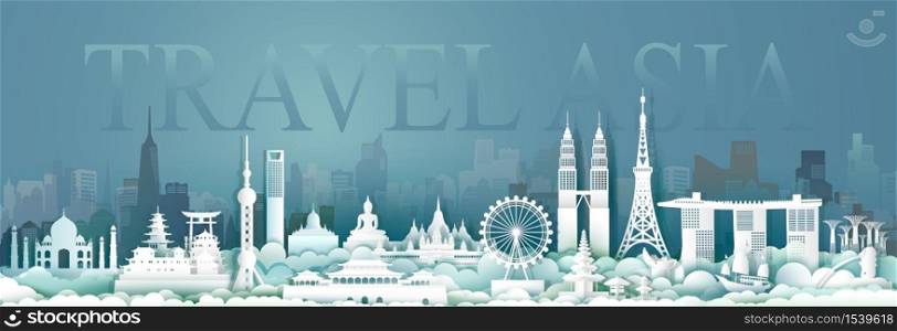 Travel Asean architecture culture in capital city with symbol and modern building, Traveling cityscape and ancient, Asia archaeological site, Paper cut and paper origami style, Vector illustration