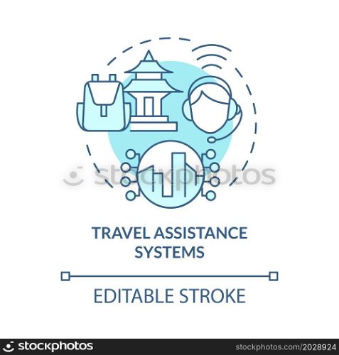 Travel assistance system blue concept icon. Passengers support app. Digitalization of tourism abstract idea thin line illustration. Vector isolated outline color drawing. Editable stroke. Travel assistance system blue concept icon