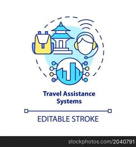 Travel assistance system concept icon. Passengers support app. Digitalization of tourism abstract idea thin line illustration. Vector isolated outline color drawing. Editable stroke. Travel assistance system concept icon