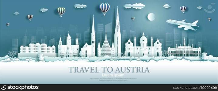 Travel Austria landmarks in vienna city with balloons, Tour landmark the world to history with panorama view cityscape popular capital, Origami paper cut style for advertising,Vector illustration.