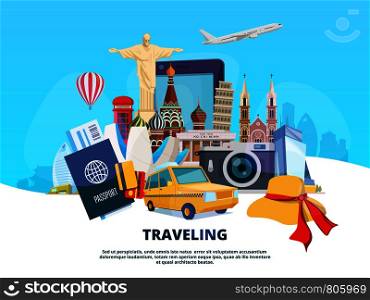 Travel background illustration of different world landmarks. Vector travel and tourism, trip to europe, famous architecture. Travel background illustration of different world landmarks