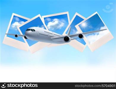 Travel background with airplane in front of photos of blue sky. Vector