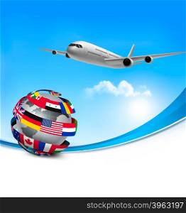 Travel background with an airplane and a globe made of flags. Vector