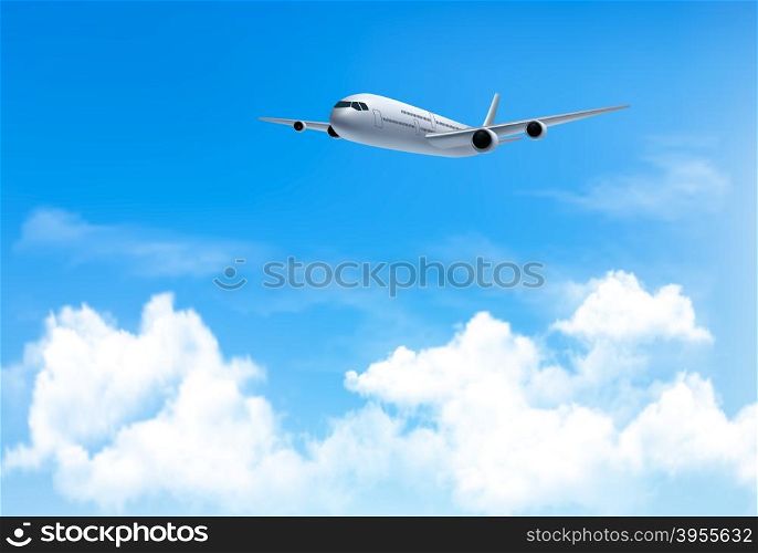 Travel background with an airplane and white clouds. Vector.