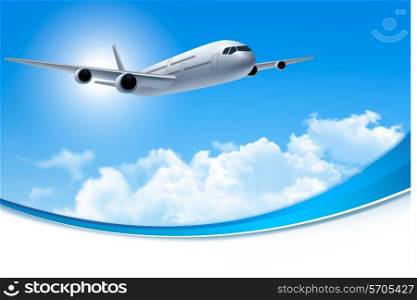 Travel background with an airplane and white clouds. Vector.