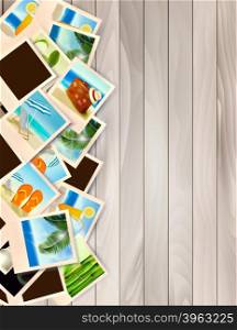 Travel Background With Photos From Holidays On A Seaside On Wooden Desk. Vector