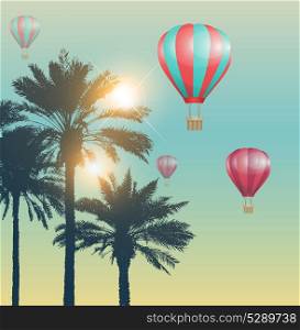 Travel background with red air balloons and palms