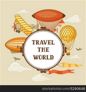 Travel background with retro air transport. Vintage aerostat airship, blimp and plain in cloudy sky. Travel background with retro air transport. Vintage aerostat airship, blimp and plain in cloudy sky.