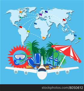 Travel background with word map. Travel background with word map airplane and summer elements. Vector illustration