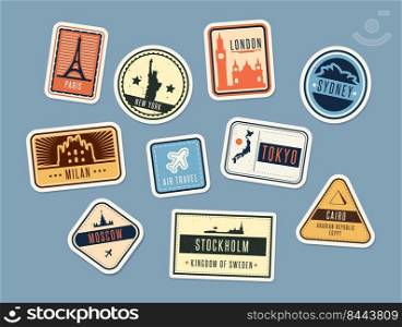 Travel badges set. Vintage stickers with city names and sights. Vector illustration for summer vacation, holiday, tourism concepts, touristic label templates