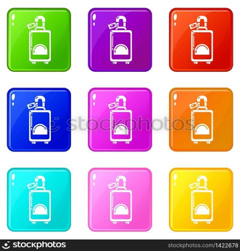 Travel bag airport icons set 9 color collection isolated on white for any design. Travel bag airport icons set 9 color collection