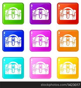 Travel bag destination icons set 9 color collection isolated on white for any design. Travel bag destination icons set 9 color collection