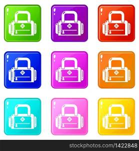 Travel bag handle icons set 9 color collection isolated on white for any design. Travel bag handle icons set 9 color collection