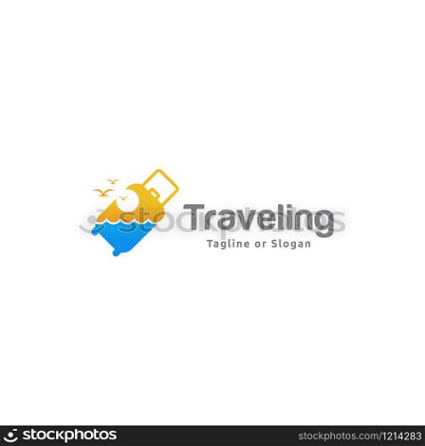Travel bag icon incorporated with sea, sky, sun and bird. Logo design related to vacation, holiday or travel business