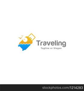 Travel bag icon incorporated with sea, sky, sun and bird. Logo design related to vacation, holiday or travel business
