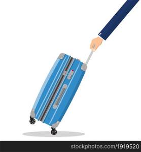 Travel bag in hand. Plastic case Trolley on wheels. Baggage and luggage. Vector illustration in flat style. Travel bag in hand.