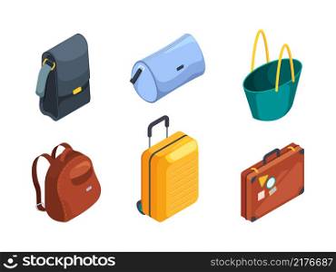 Travel bag isometric. Suitcases collection luggage collection for travellers holiday adventures garish vector 3d travel bags collection. Illustration luggage and bag to travel tourism. Travel bag isometric. Suitcases collection luggage collection for travellers holiday adventures garish vector 3d travel bags collection