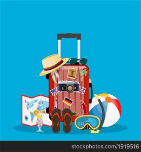 Travel bag, luggage Suitcase with stickers, straw hat, beach ball, sandals, shoes . Summer time, vacation, tourism concept. Vector illustration in flat style. Travel bag, luggage