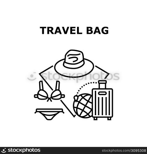 Travel Bag Luggage Vector Icon Concept. Travel Bag Luggage For Carrying Tourist Hat And Swimming Suit Clothes, Baggage For Enjoying Journey And Carry Clothing. Suitcase Accessory Black Illustration. Travel Bag Luggage Vector Concept Illustration