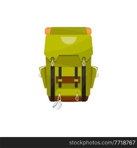 Travel bag with metal mug on back isolated trekking backpack. Vector green knapsack, hiking, climbing mountain sport backpacking equipment with lacing. Expedition haversack, cartoon hikers bag. Trekking backpack with mug isolated rucksack icon