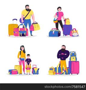 Travel bags concept icons set with tourism symbols flat isolated vector illustration