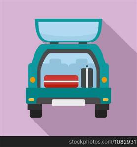 Travel bags in car icon. Flat illustration of travel bags in car vector icon for web design. Travel bags in car icon, flat style