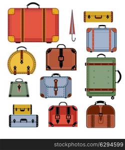 Travel bags in various colors on a white background