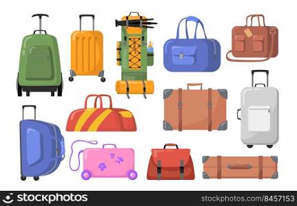 Travel bags set. Plastic and metal suitcases with wheels for children or adults, trekking backpacks. Vector illustration for tourism, luggage, baggage, tour concept
