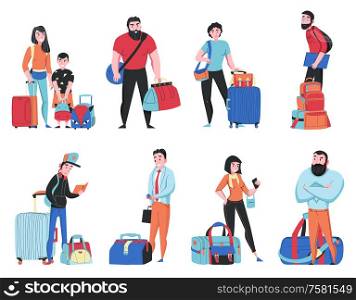 Travel bags set with tourism and trips symbols flat isolated vector illustration