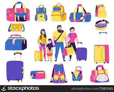 Travel bags types set with tourism and vacation symbols flat isolated vector illustration
