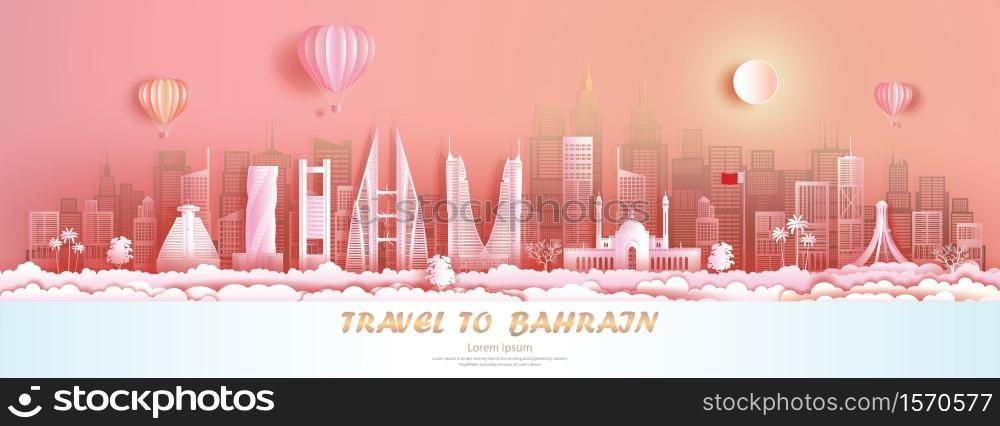 Travel Bahrain with panorama view building, skyline, skyscraper, architecture. Modern business brochure design on pink color background.Tour asian landmarks of arab.Vector illustration for postcard.