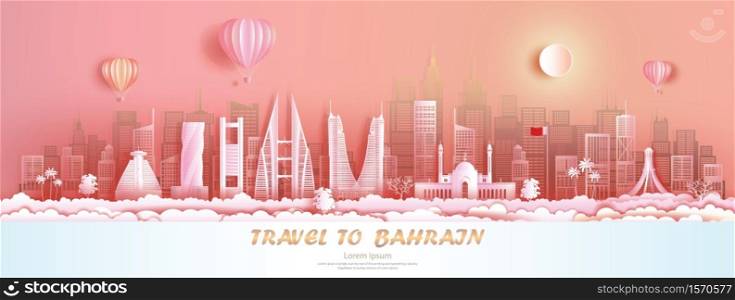 Travel Bahrain with panorama view building, skyline, skyscraper, architecture. Modern business brochure design on pink color background.Tour asian landmarks of arab.Vector illustration for postcard.