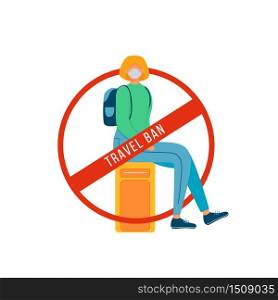 Travel ban flat color vector faceless character. Woman sit on luggage in airport. Forbidden tourism. Passenger in medical mask isolated cartoon illustration for web graphic design and animation