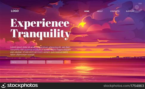 Travel banner of tranquility rest with cartoon landscape of sea sunset. Vector landing page of calm vacation on sea or lake shore with illustration of coastline and sky with clouds and evening sun. Travel banner of tranquility rest with sea sunset