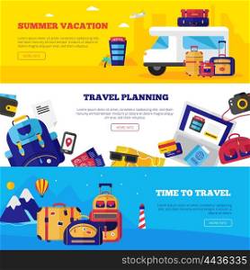Travel Banner Set. Horizontal travel banner set with various aspects of vacation vector illustration