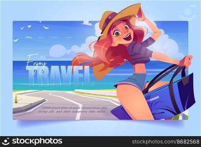 Travel banner with girl on vacation at sea shore. Concept of summer trip, journey to ocean beach. Vector landing page with cartoon illustration of woman with suitcase on road on sea coast. Travel banner with girl on vacation at sea shore