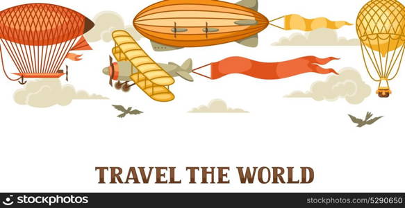 Travel banner with retro air transport. Vintage aerostat airship, blimp and plain in cloudy sky. Travel banner with retro air transport. Vintage aerostat airship, blimp and plain in cloudy sky.