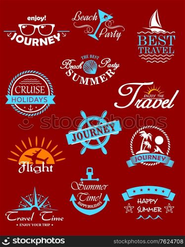 Travel banners and labels for journey, cruise and tourism design