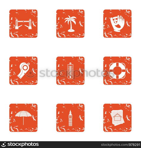 Travel binge icons set. Grunge set of 9 travel binge vector icons for web isolated on white background. Travel binge icons set, grunge style