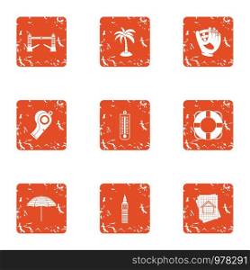 Travel binge icons set. Grunge set of 9 travel binge vector icons for web isolated on white background. Travel binge icons set, grunge style